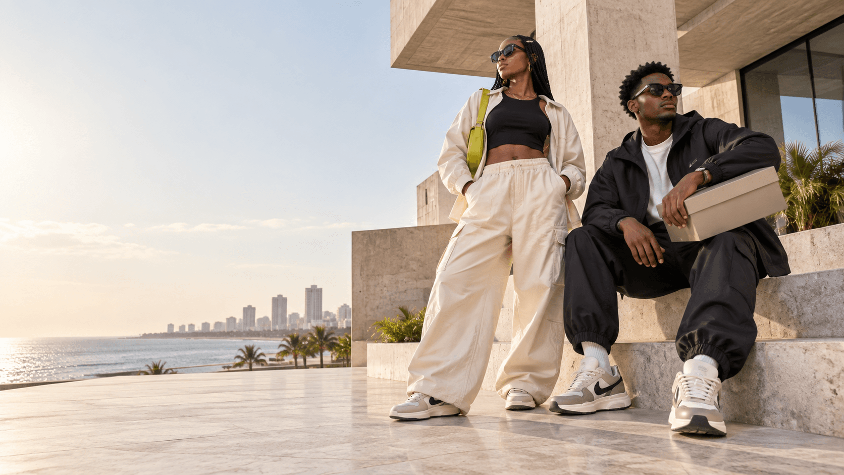 Street Culture campaign in Maputo, featuring contemporary streetwear against sunlit coastal architecture